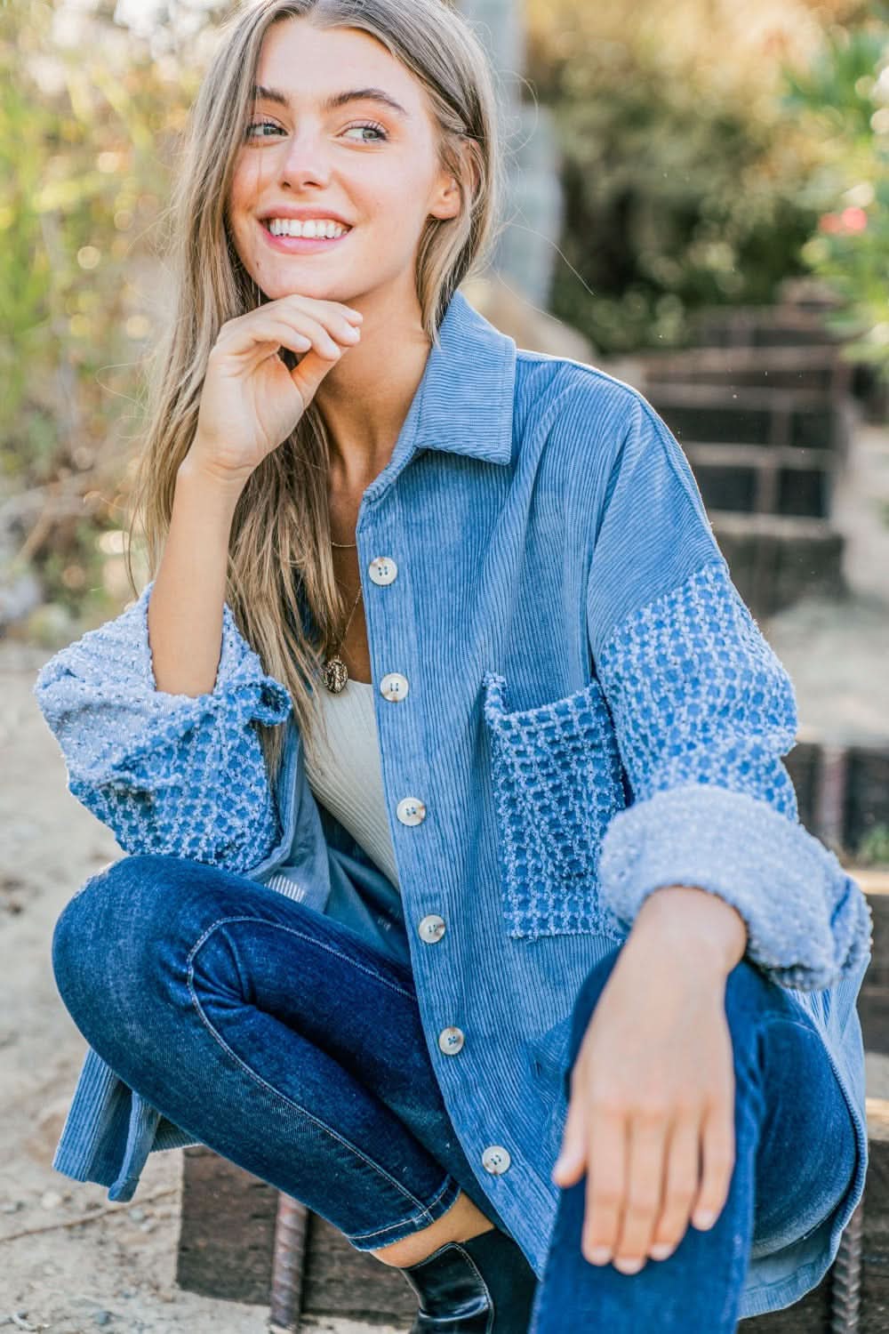 And The Why Button Down Corduroy Contrast Texture Long Sleeve Shacket - Love Salve